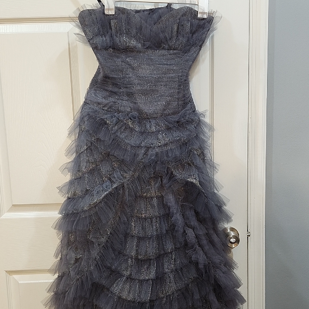 Gray Strapless Asymmetrical Ruffled Gown